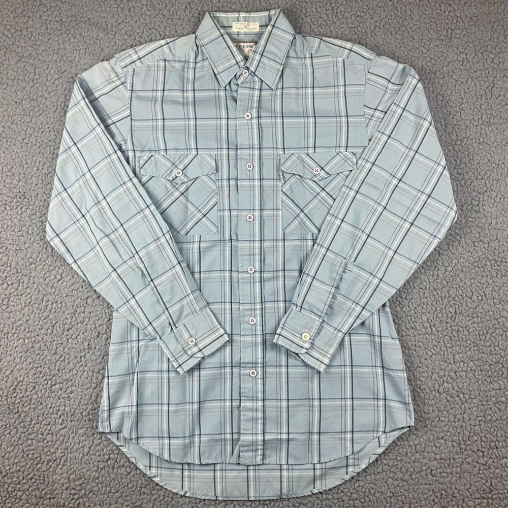Levis Mens Small Blue Plaid Long Sleeve Button Down Work Shirt Dual Pocket S